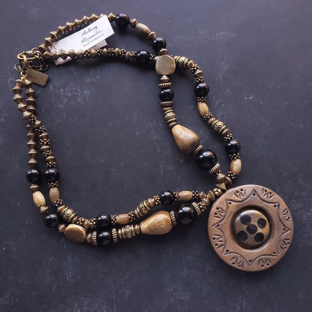 Boho Beaded Necklace Anthony Alexander 2-Strand Pendant Statement Neutral Brown